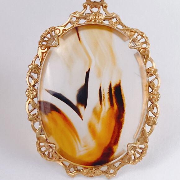 Vintage 1940s 12K Gold Filled Bow Brooch Gemstone Cabochon Mid Century Pin - Picture 3 of 14